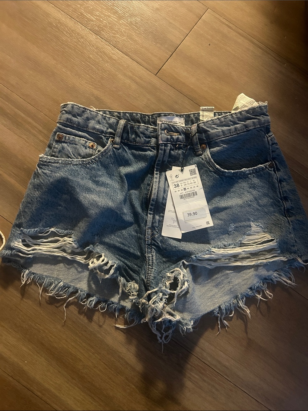 Zara Light Blue Distressed High-Rise Denim Shorts